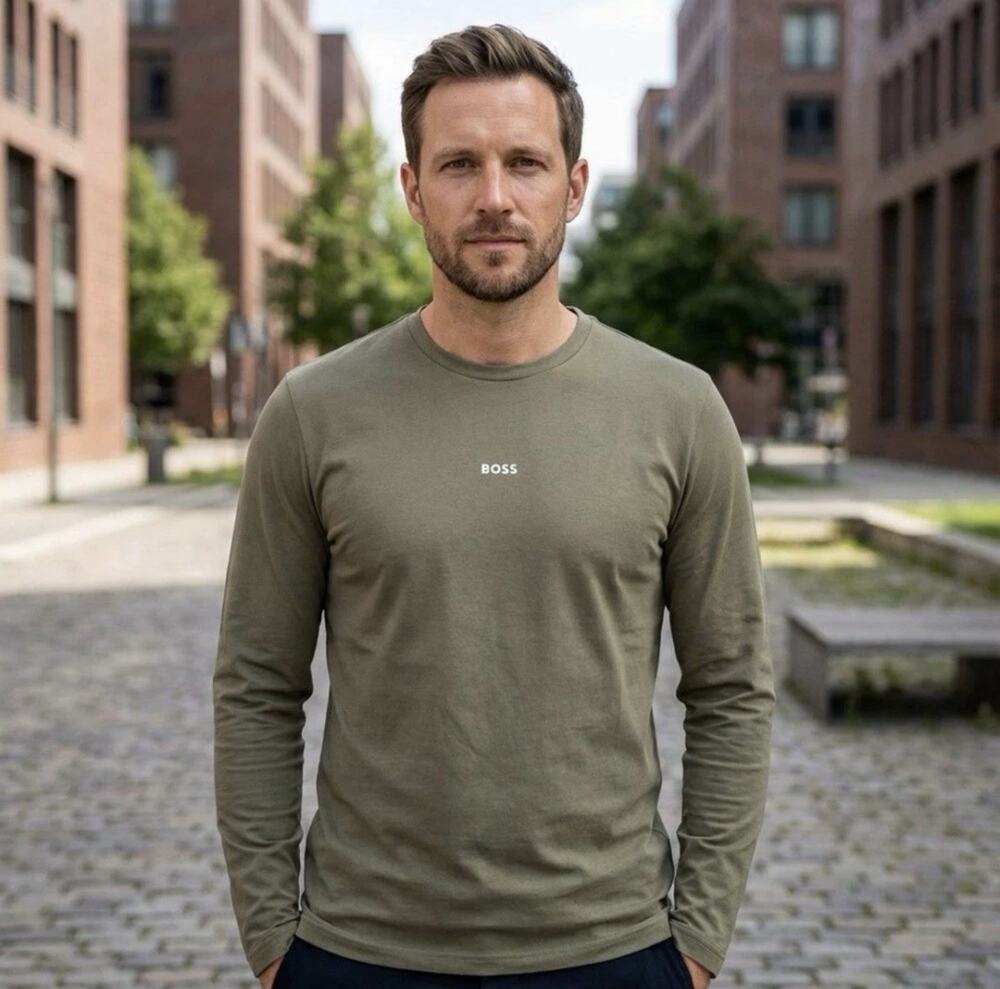 Boss Hugo Boss Men's Green TChark Logo Graphic Crew-Neck Long Sleeve T-Shirt L